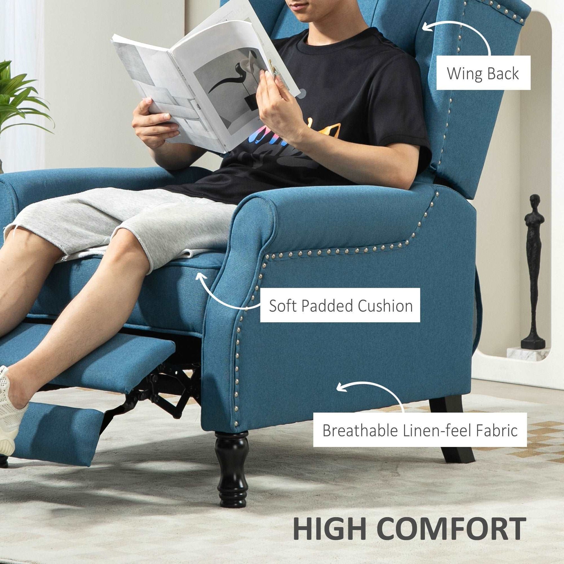 150° Reclining Vintage Retro Old Style Armchair, with footrest - Blue
