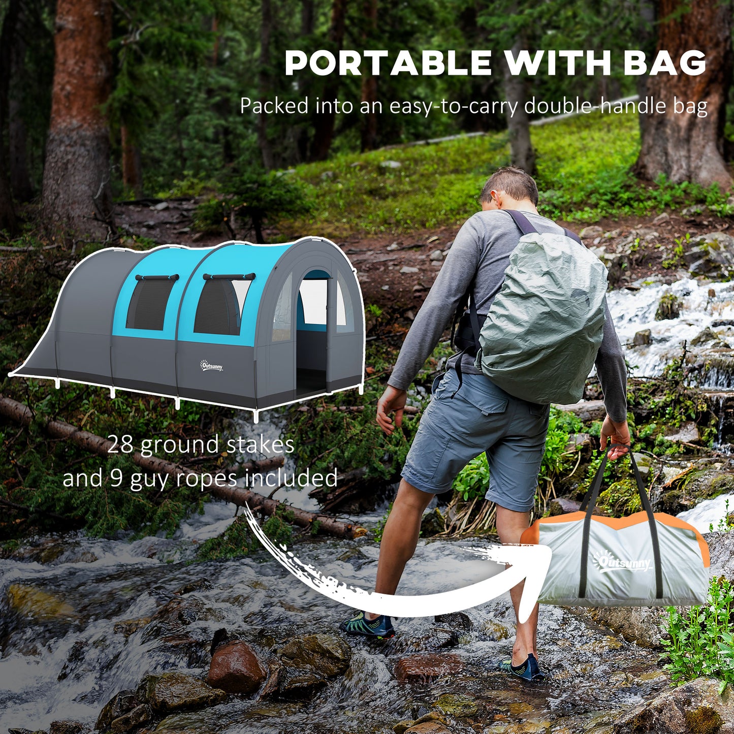 Outsunny 3000mm Waterproof Camping Tent, 5-6 Man Family Tent with Living and Bedroom, Carry Bag Included, Grey and Blue