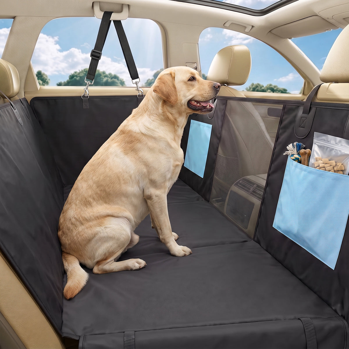 Dog Car Seat Cover | Blue Waterproof Back Seat Travel Hammock with Mesh Window & Pockets