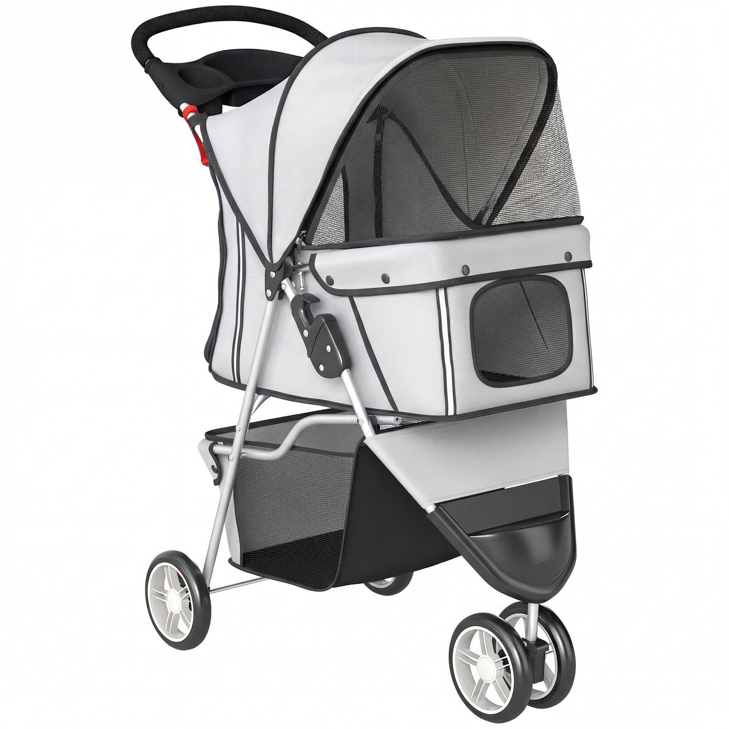 3-Wheel Foldable Dog Stroller / Pet Pushchair | Mesh Canopy | Cup Holder | Reflective Strips | 10kg | Grey
