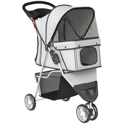 3-Wheel Foldable Dog Stroller / Pet Pushchair | Mesh Canopy | Cup Holder | Reflective Strips | 10kg | Grey