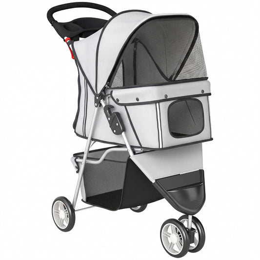 3-Wheel Foldable Dog Stroller / Pet Pushchair | Mesh Canopy | Cup Holder | Reflective Strips | 10kg | Grey