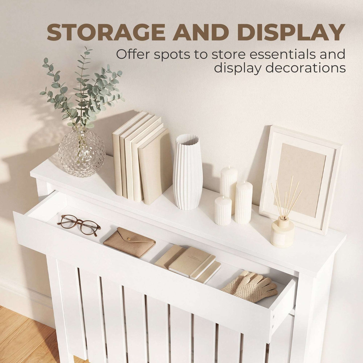 MDF & Particle Board Radiator Cover with 1 Drawer | Vertical Slats | Flat Top Display Surface | Wall Mountable | Pre-Cut Outs | 14kg Capacity | 88.5x19x93cm | White