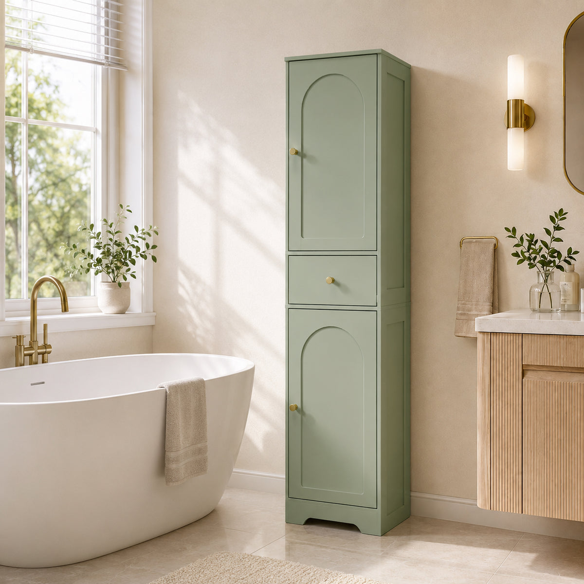 Tall Slim Bathroom Cabinet | Light Green | Particleboard MDF | 40x29.5x170cm | 2 Cupboards Drawer | Adjustable Shelf | Arched Doors Gold Knobs | Melamine | Anti-Tip Kit | 75kg