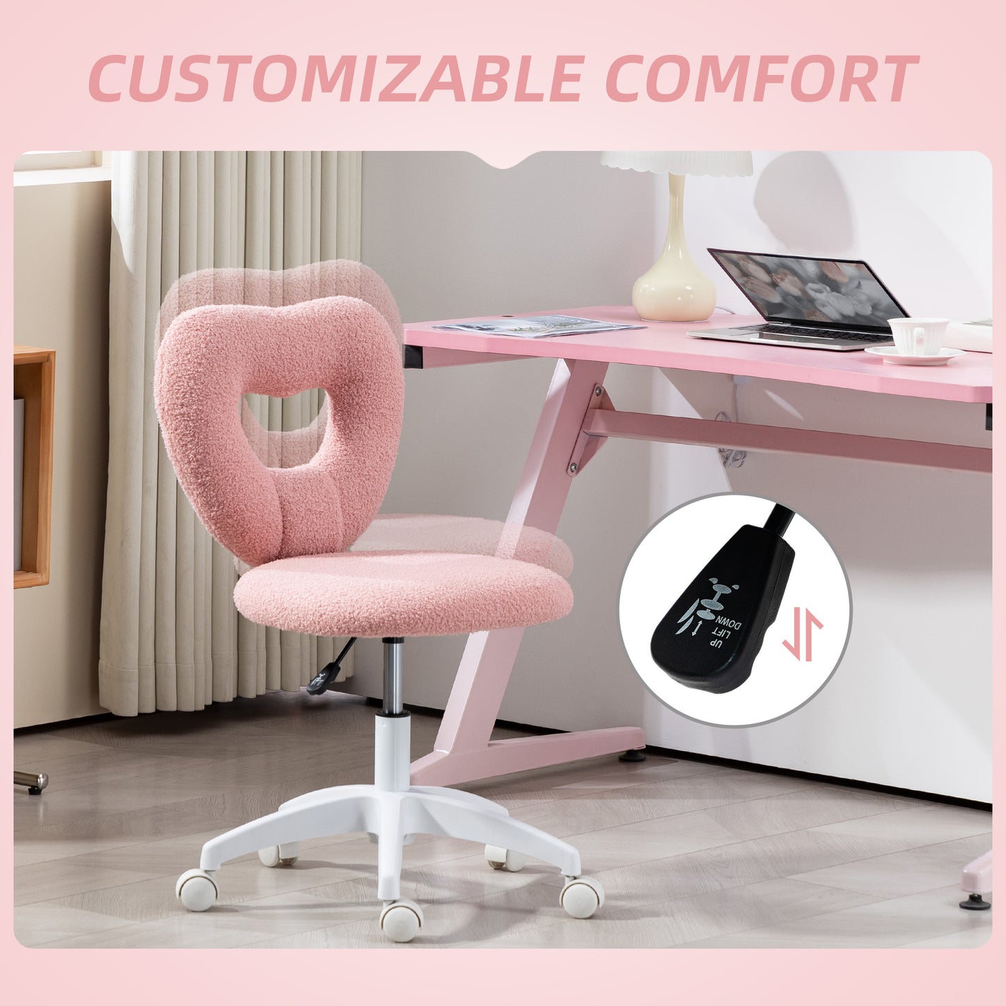 Armless Heart Computer Desk Chair, Teddy Fleece Swivel Office Chair, Makeup Vanity Chair with Height Adjustable, Wheels, for Home Bedroom Pink