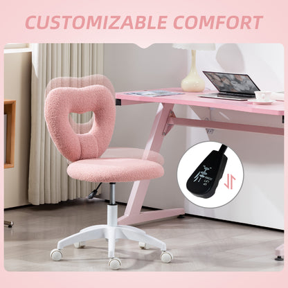 Armless Heart Computer Desk Chair, Teddy Fleece Swivel Office Chair, Makeup Vanity Chair with Height Adjustable, Wheels, for Home Bedroom Pink