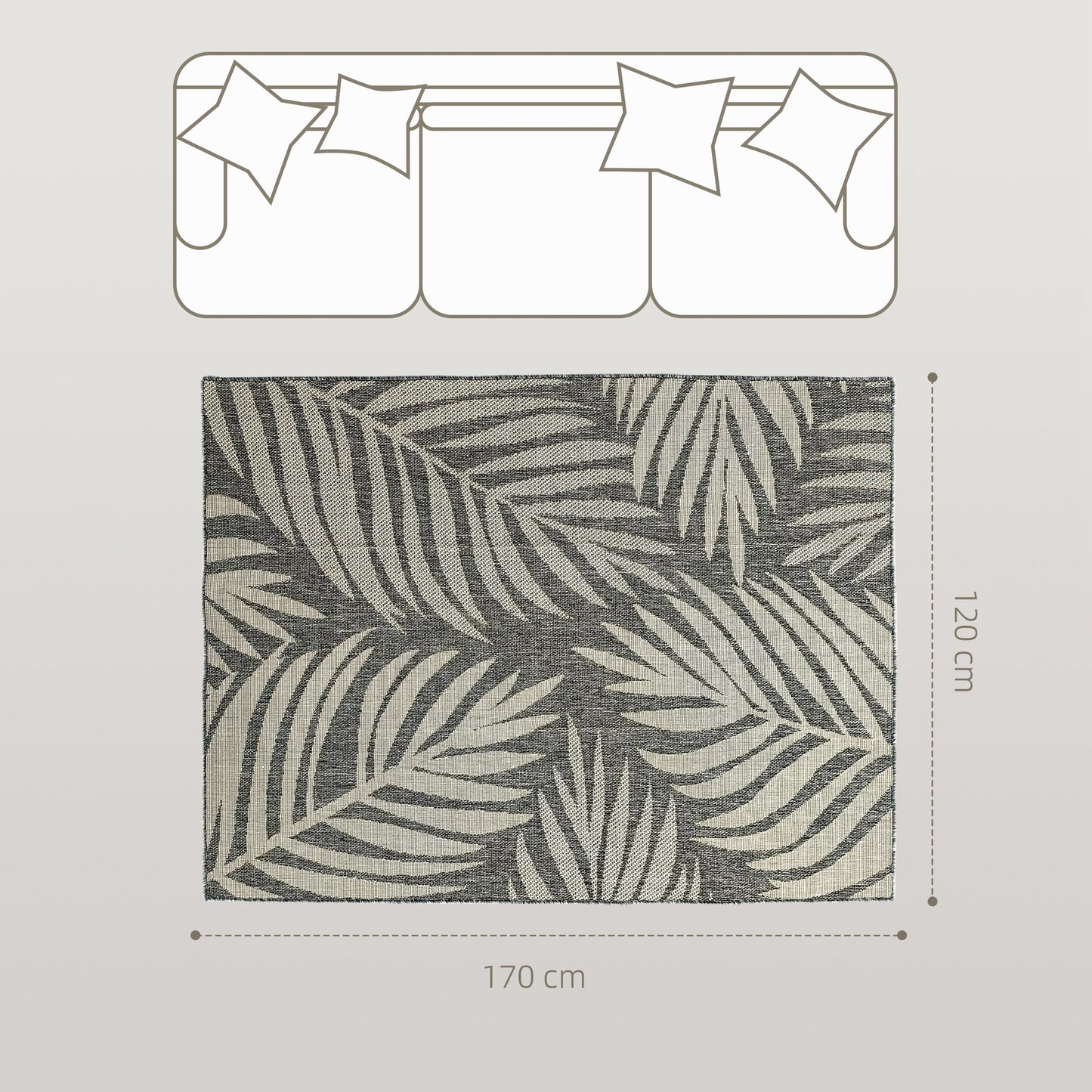 UV Resistant Indoor & Outdoor Area Rug, Easy-Cleaning Machine Washable Rug for Patio, Garden, Kitchen, Bathroom or Living Room, 170 x 120 cm, Grey