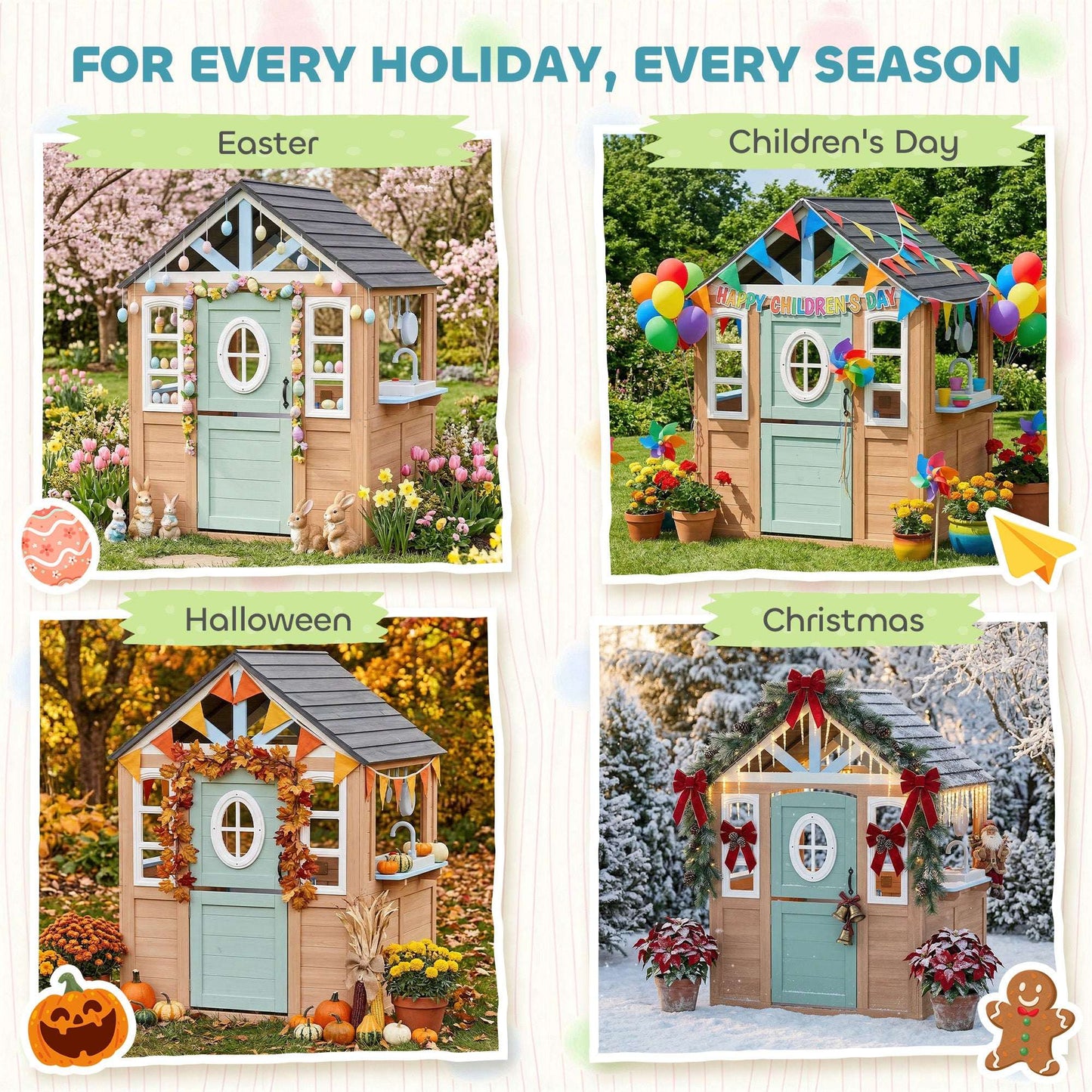 Wooden Wendy House with Play Kitchen & Pet Door | Half Door & Windows | Fir Wood | Low-Odour Paint | Indoor & Outdoor | Ages 2+ | 115.5x97.3x140cm | Natural Wood