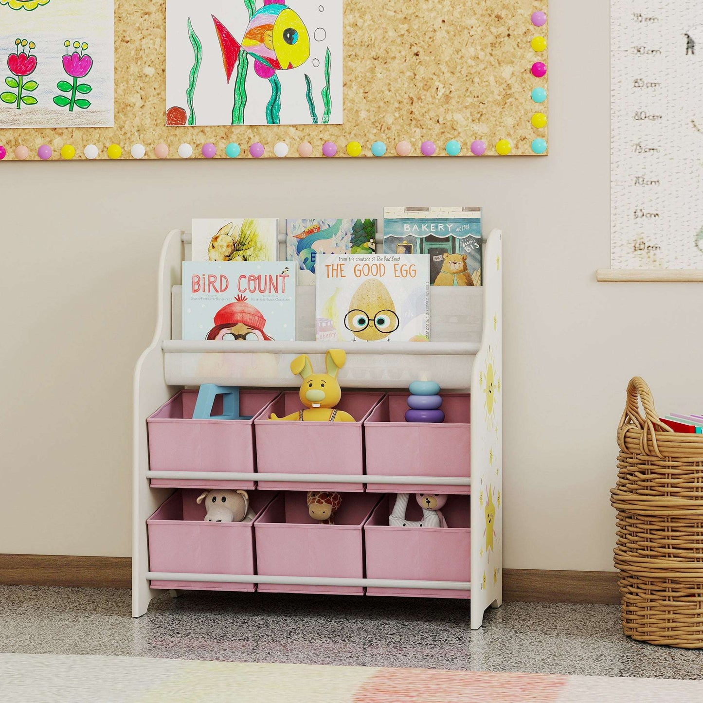 AIYAPLAY Kids Storage Unit, Toy Organiser with 6 Fabric Drawers and 2-Tier Sling Book Rack for Bedroom, Playroom, Nursery, Pink
