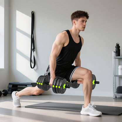 SPORTNOW 3-in-1 Adjustable Dumbbell Barbell & EZ Curl Bar Set | Black & Green | 15kg 20kg 25kg | Sand-Filled PVC Plates | Spinlock Collars | Non-Slip Handles | 2.5cm Hole | Home Gym