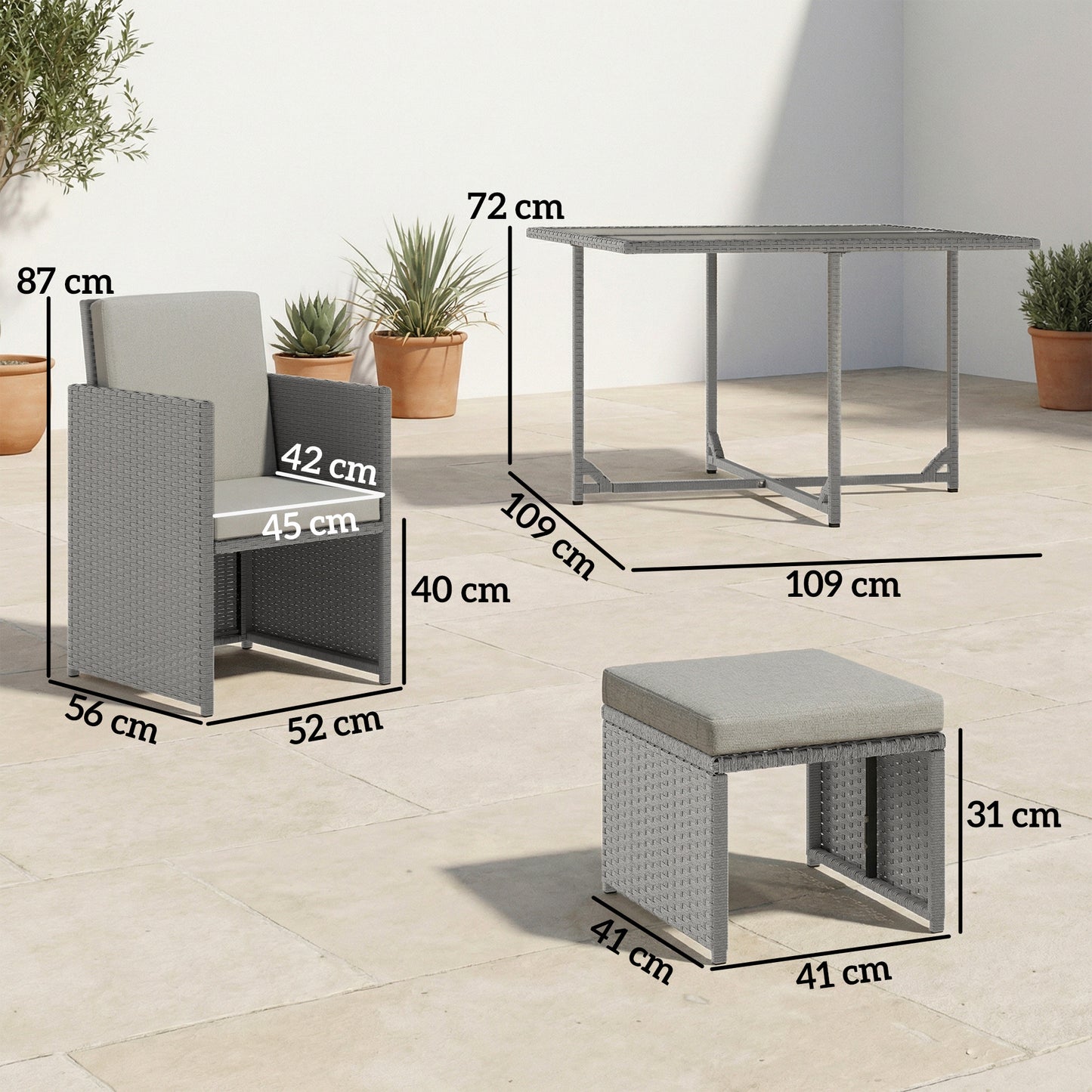 9 Piece Rattan Cube Garden Dining Set | 4 Armchairs | 4 Footstools | Tempered Glass Table 109x109x72cm | Thick Cushions | Washable Covers | PE Rattan & Metal Frame | Light Grey
