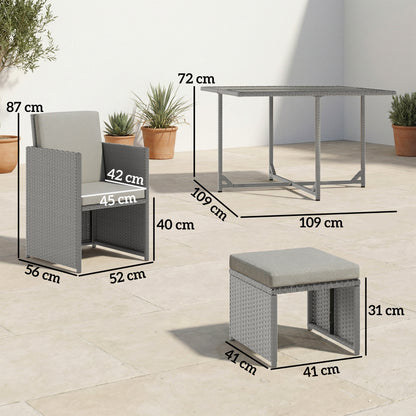 9 Piece Rattan Cube Garden Dining Set | 4 Armchairs | 4 Footstools | Tempered Glass Table 109x109x72cm | Thick Cushions | Washable Covers | PE Rattan & Metal Frame | Light Grey