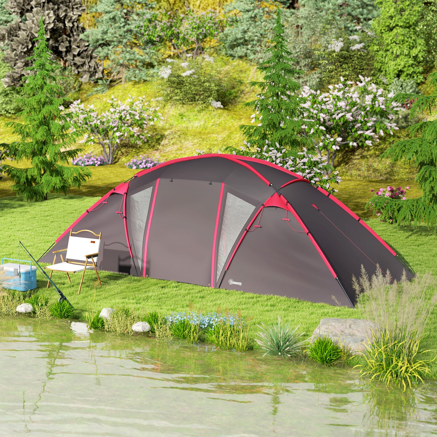 4-6 Man Family Camping Tent w/ 2 Bedrooms and a Living Room, Waterproof Tunnel Tent w/ Sewn In Groundsheet, Doors, Windows, Bag