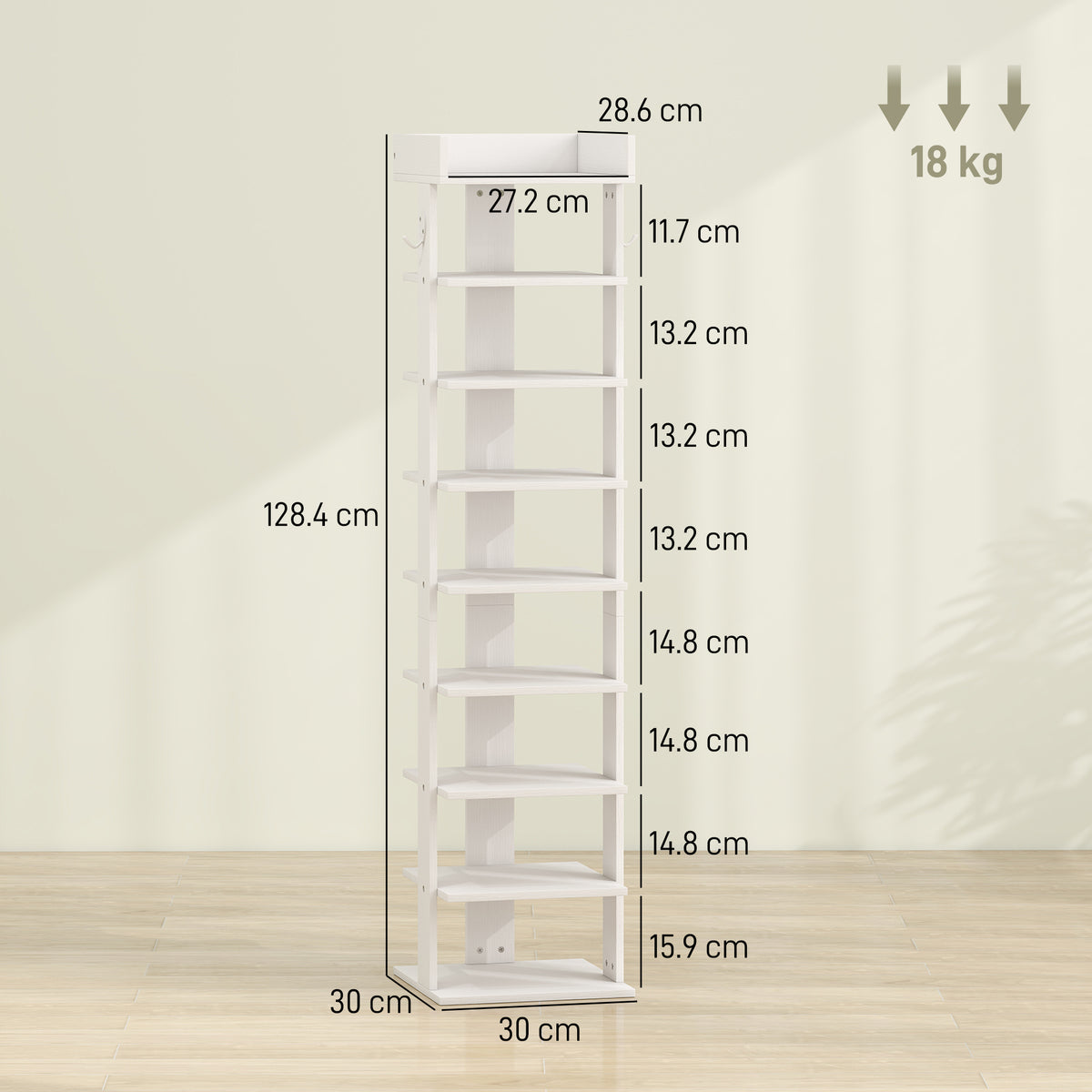 9-Tier Shoe Rack | Graduated Shelf Heights to Size 46 | Removable Shelves for Boots & Heels | Top Tray with Rail | 2 Side Hooks | 30x30x128.4cm | 18kg | Particleboard | Entryway | White