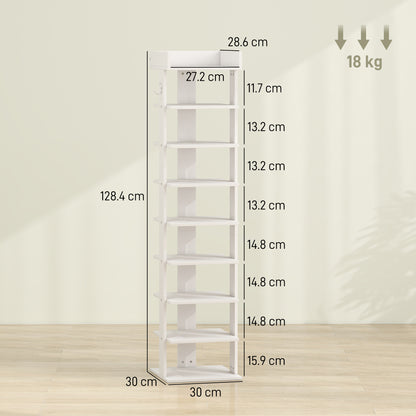 9-Tier Shoe Rack | Graduated Shelf Heights to Size 46 | Removable Shelves for Boots & Heels | Top Tray with Rail | 2 Side Hooks | 30x30x128.4cm | 18kg | Particleboard | Entryway | White