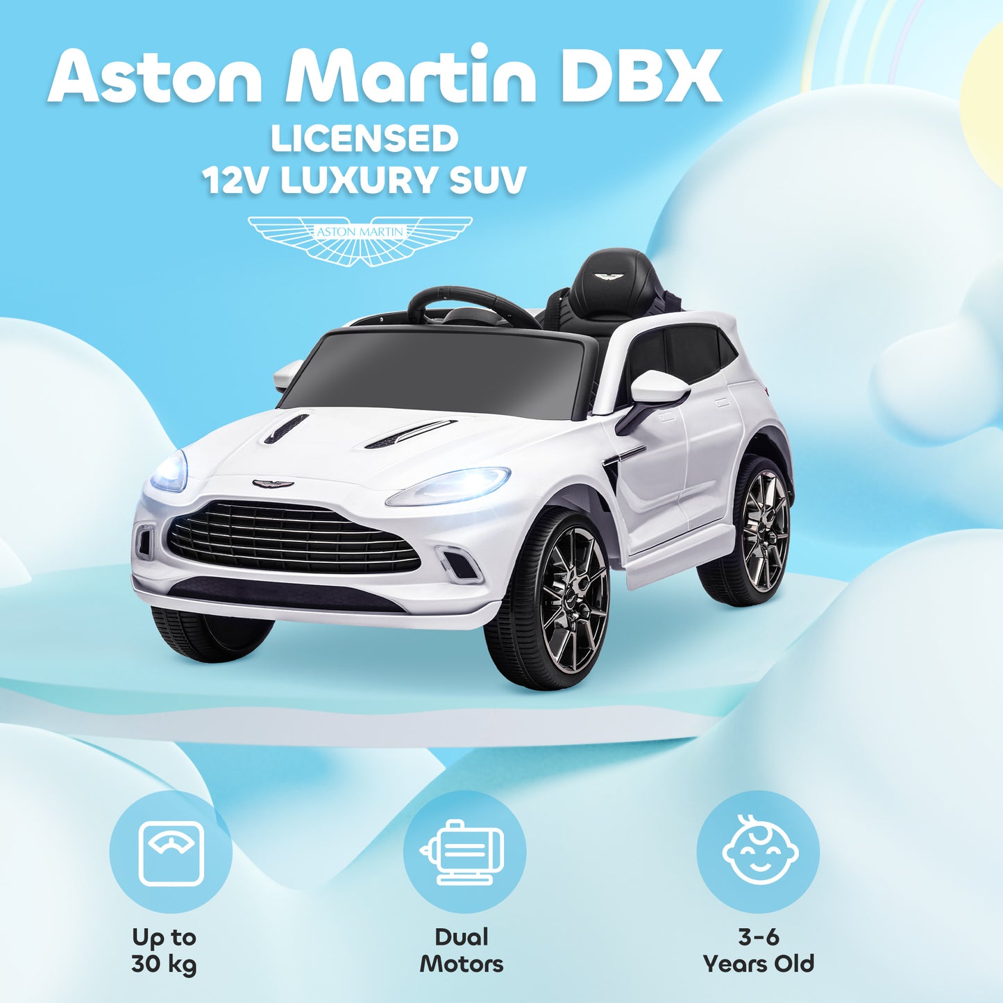 Licensed Aston Martin DBX Licensed Battery Powered Kids Electric Car, 12V Kids Ride on Car w/ Lights, Music Horn, White / Pink