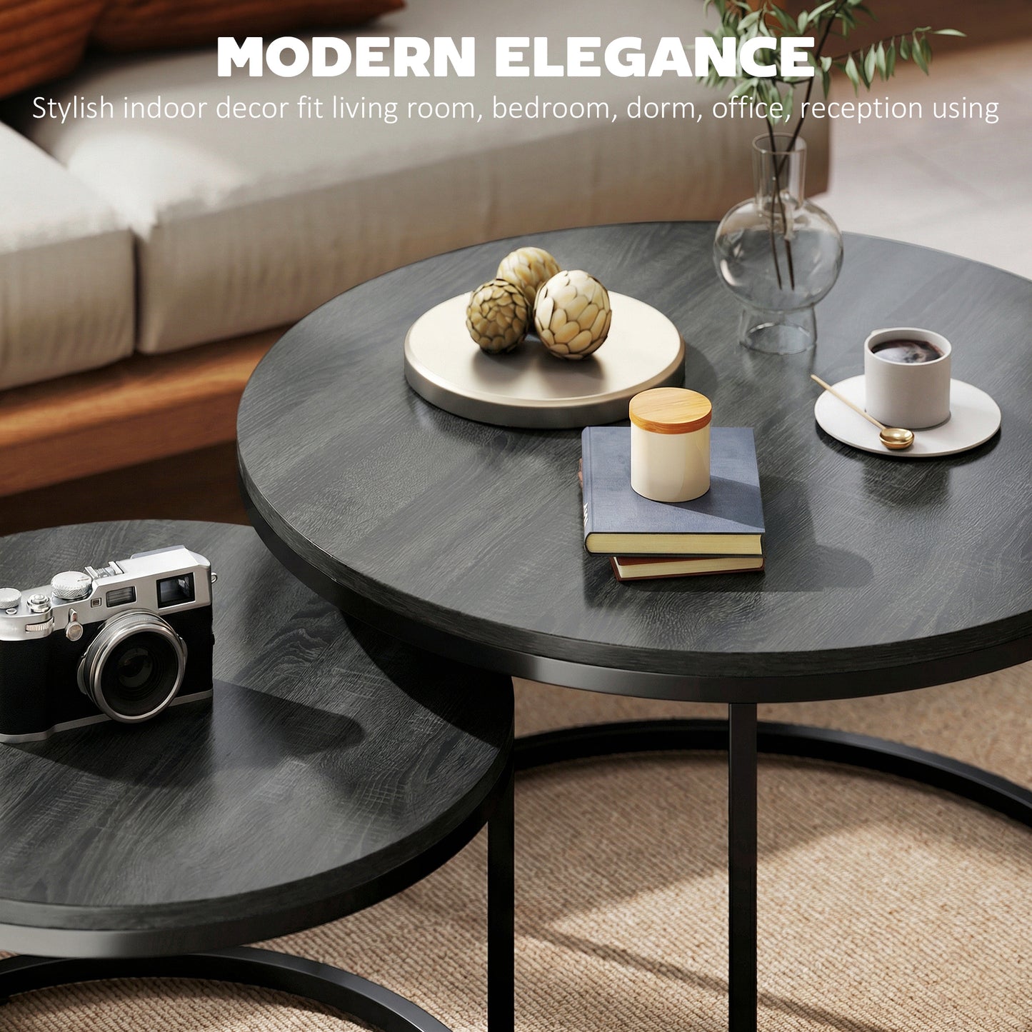 Set of 2 Round Nesting Coffee Tables | Wood-Effect MDF Top | Steel Frame | 50kg | Black Wood Grain