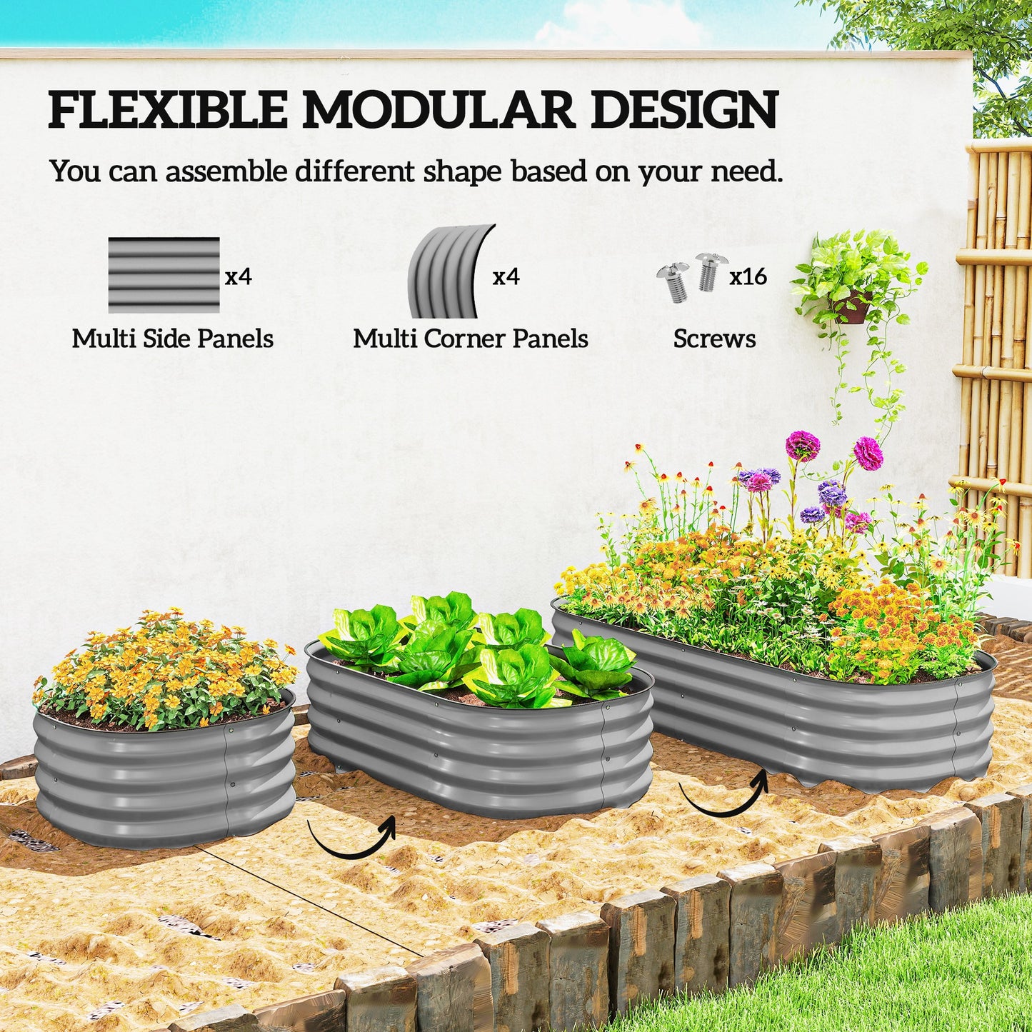 Flexible Galvanised Steel Raised Garden Bed | Safety Rubber Edging | Open Bottom | Configurable Round Oval or Oblong | 150x62x30cm | For Flowers Herbs & Succulents | Silver