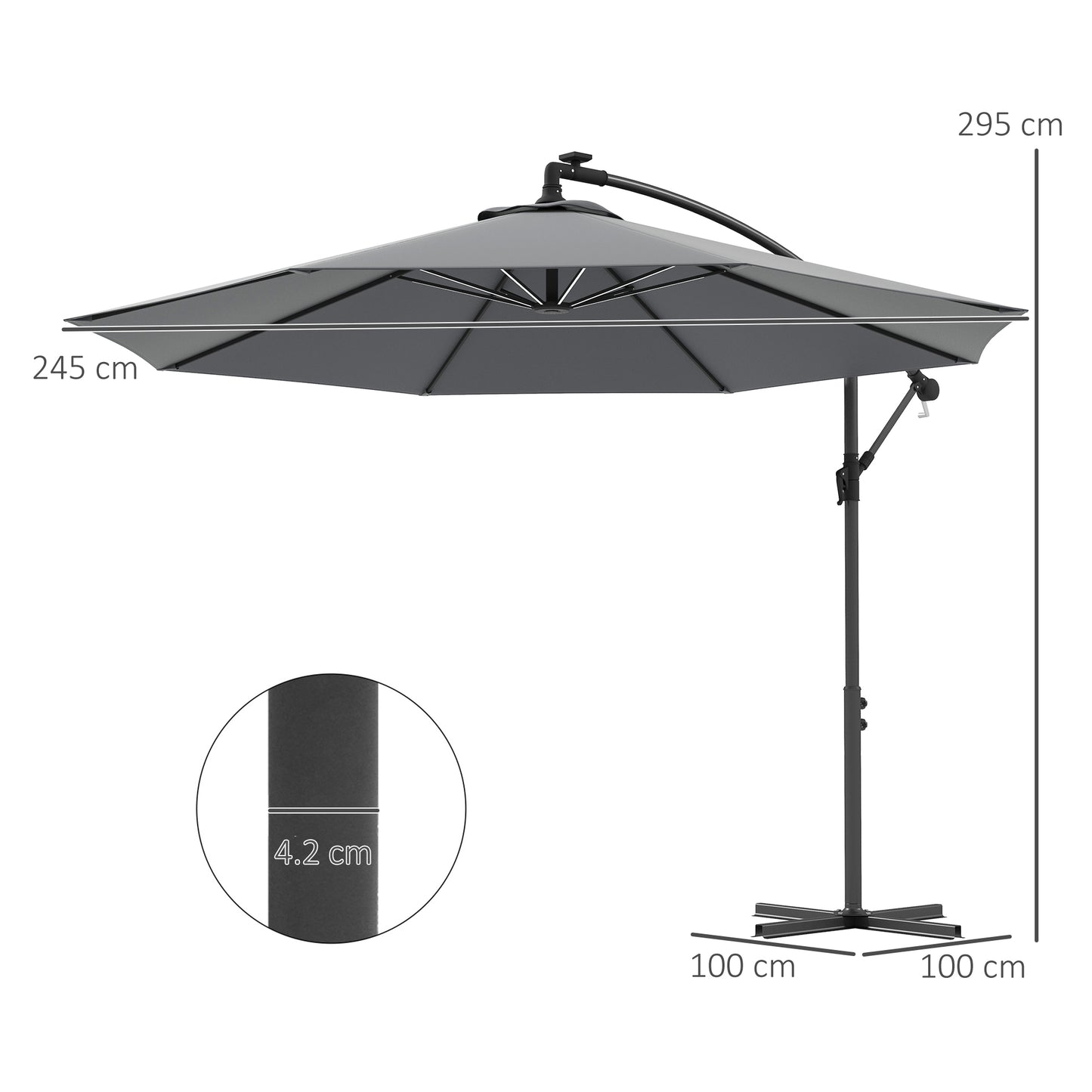 3(m) Cantilever Parasol with Solar LED Lights, Garden Umbrella with Cross Base and Crank Handle, Hanging Offset Banana Sun Shade for Outdoor, Patio