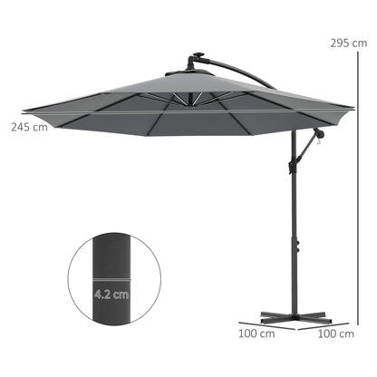 3(m) Cantilever Parasol with Solar LED Lights, Garden Umbrella with Cross Base and Crank Handle, Hanging Offset Banana Sun Shade for Outdoor, Patio