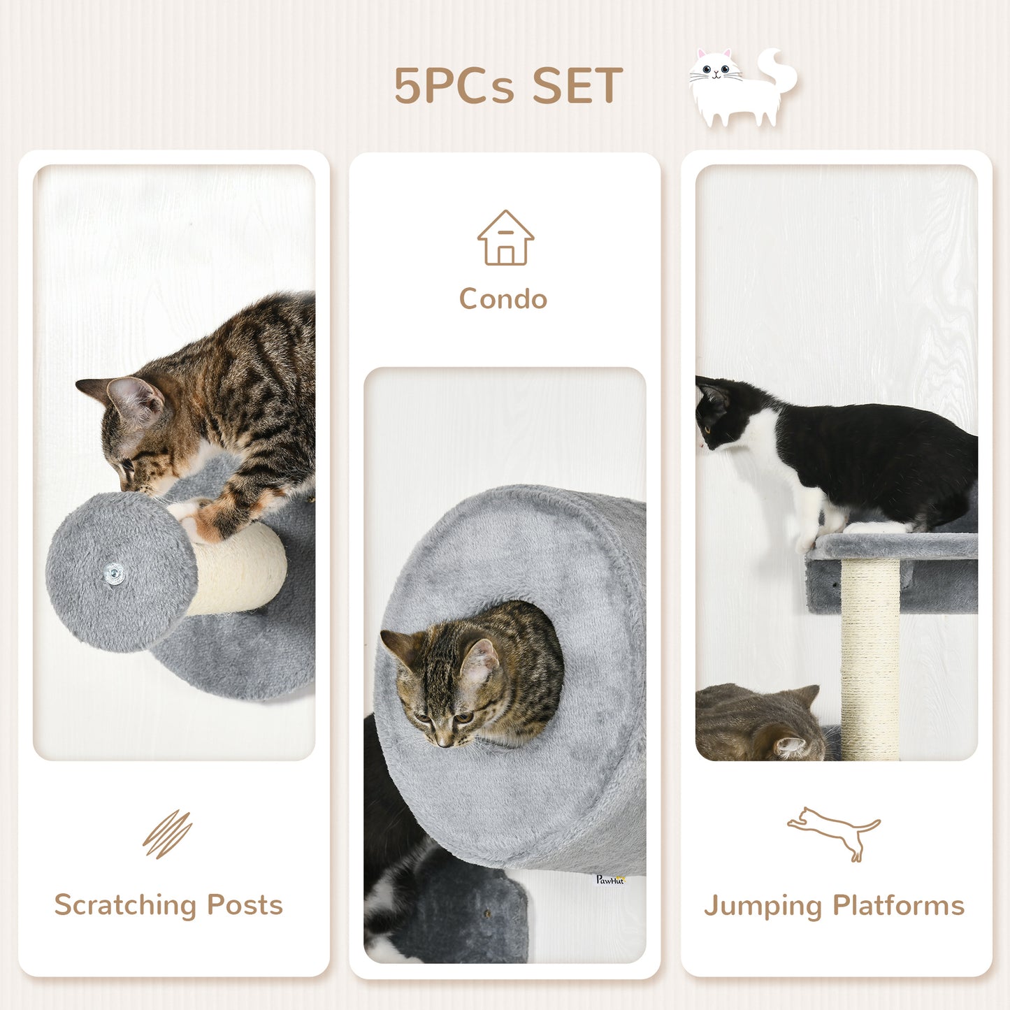PawHut 5 Piece Cat Wall Furniture with Perch, Cat House, Scratching Post