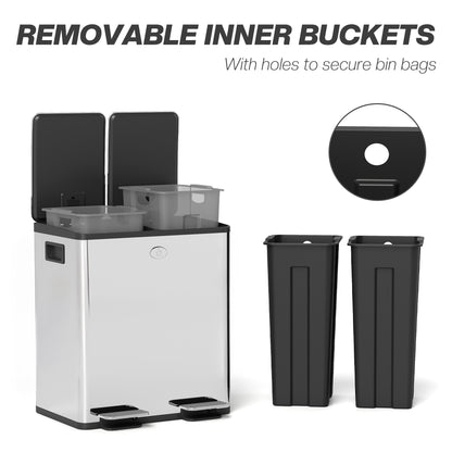 40L Dual Compartment Stainless Steel Bin, with Deodoriser Holders - Silver Tone / Gold Tone