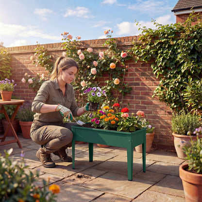 Metal Raised Garden Planter on Legs | Powder-Coated | Drainage Hole | Rubber Feet | 20kg Capacity | 20L Soil | Ideal for Balconies & Patios | 60x27x45cm | Green