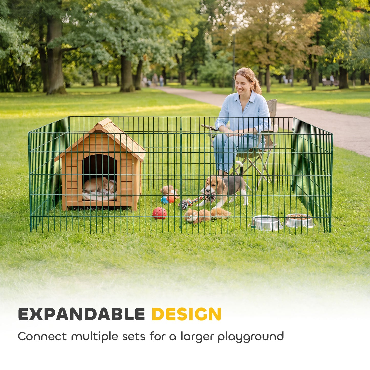 8 Panel Dog Playpen | 80cm Tall | DIY Shape | PE Coated Steel | Foldable | Outdoor Stakes | Medium Dogs up to 25kg | Green