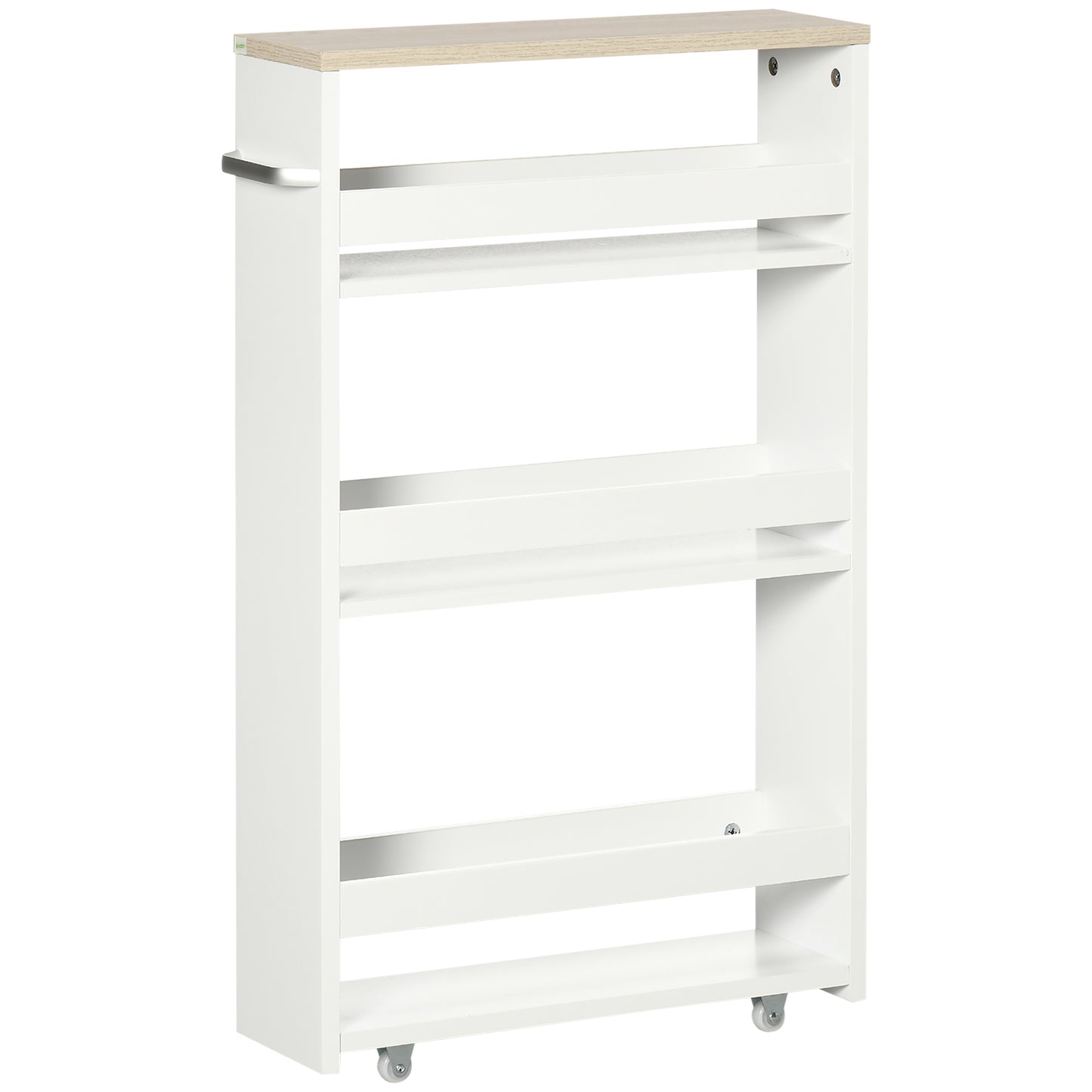 4-Tier Slim Bathroom Storage Trolley | 4 Wheels & Side Handle | Moisture-Resistant Laminated MDF | 10kg Total 2.5kg Per Shelf | Fits Between Toilet & Bath | 48x15x80cm | White