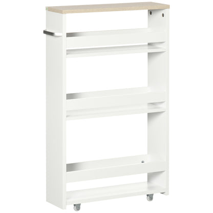 4-Tier Slim Bathroom Storage Trolley | 4 Wheels & Side Handle | Moisture-Resistant Laminated MDF | 10kg Total 2.5kg Per Shelf | Fits Between Toilet & Bath | 48x15x80cm | White