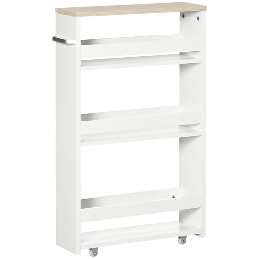 4-Tier Slim Bathroom Storage Trolley | 4 Wheels & Side Handle | Moisture-Resistant Laminated MDF | 10kg Total 2.5kg Per Shelf | Fits Between Toilet & Bath | 48x15x80cm | White