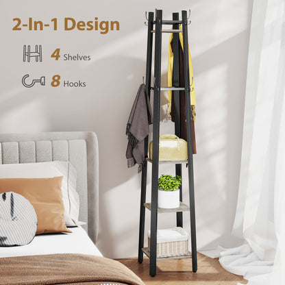 Industrial Coat Stand with 8 Hooks and 4 Shelves - Grey / Rustic Brown