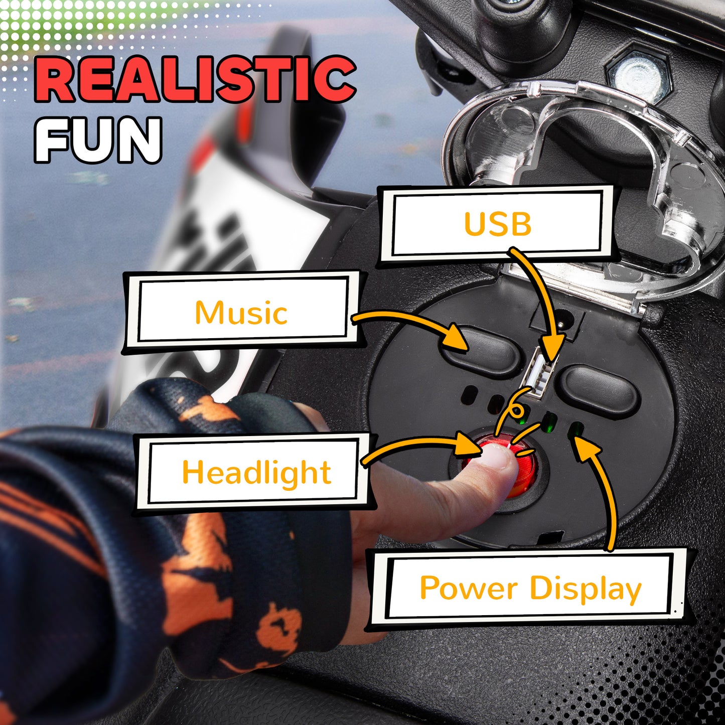 AIYAPLAY 12V Aprilia Licenced Kids Motorbike with Training Wheels, Spring Suspension, LED Light, USB, Music, Red / Yellow