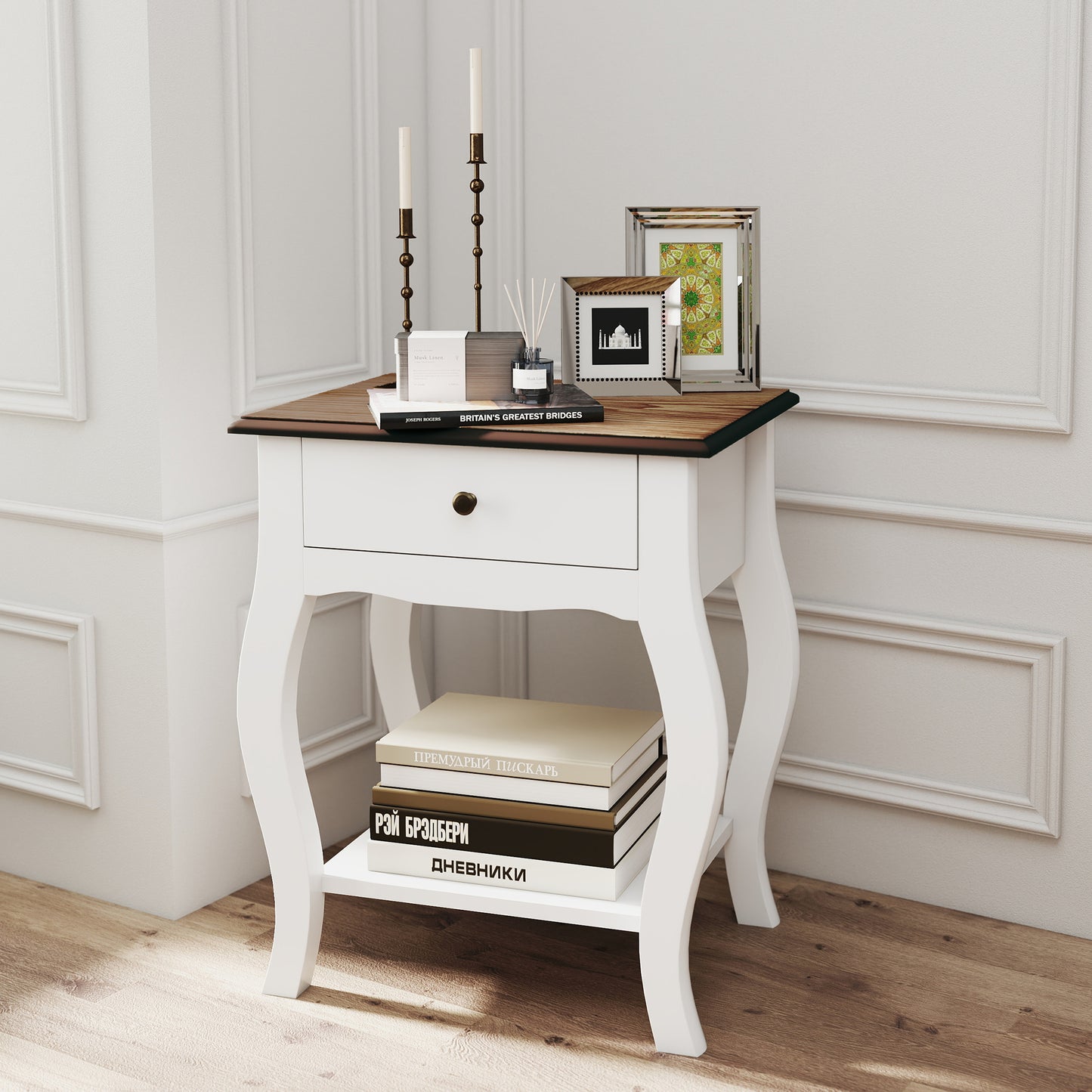 2 Pieces Bedside Tables with Drawer, French Style Bedside Cabinets with Open Shelf for Bedroom, Living Room, White