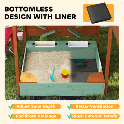 AIYAPLAY Wood Sandpit with Canopy, Storage Bins, Funnel, Liner, Chutes, Bucket with Tap, 116 x 112.5 x 128 cm, Green