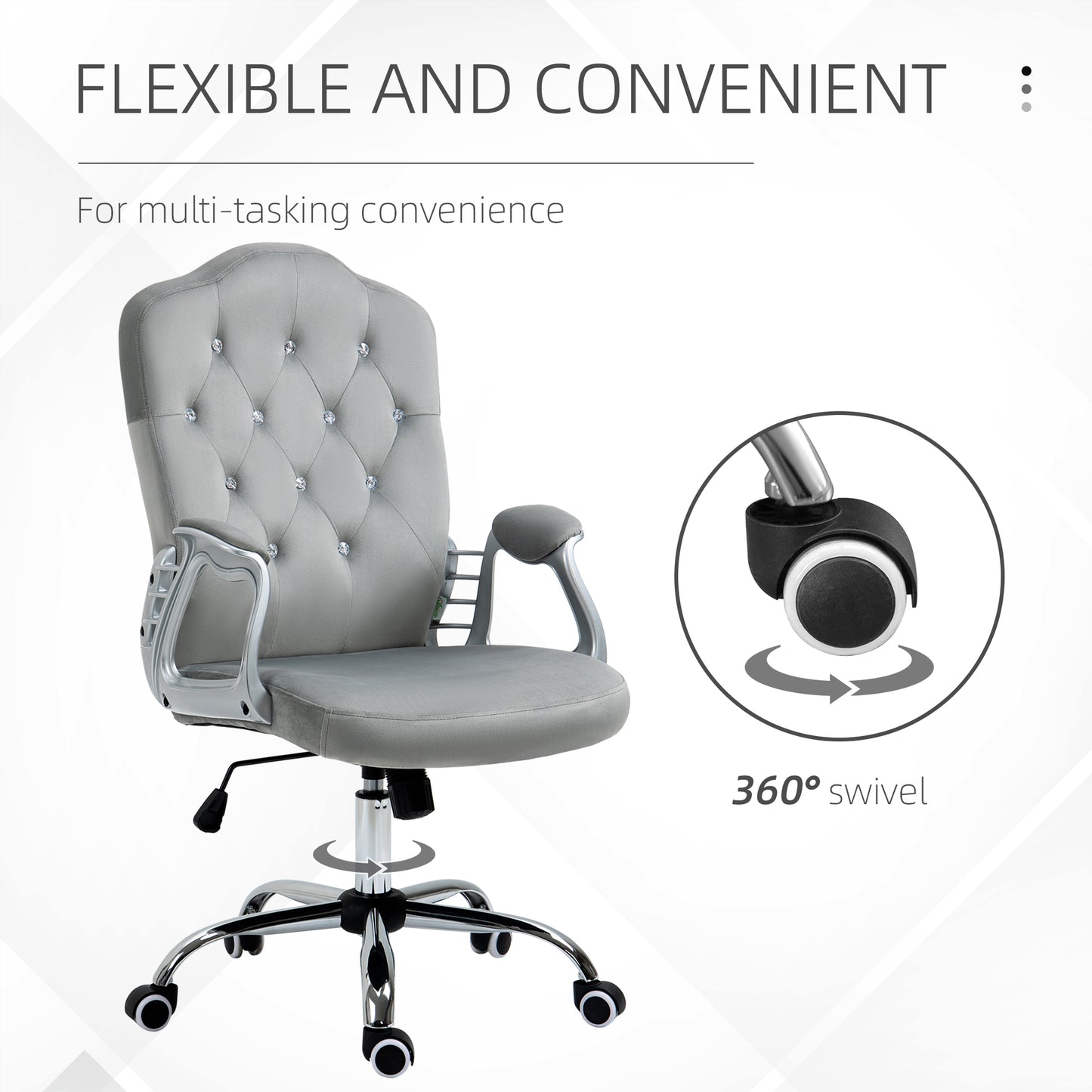 Glamour Velvet-Feel Office Chair | Diamante Back | Thick Padding | Adjustable Tilt | Armrests | 5 Wheels | Height Adjustable 47-57cm | 120kg | Grey