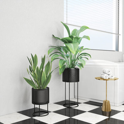 Set of 2 Powder-Coated Metal Plant Pots | Hollow Woven Design | Stackable | 10kg Large Ø23x50cm | 8kg Small Ø20x30cm | Patio Balcony & Indoor | Black