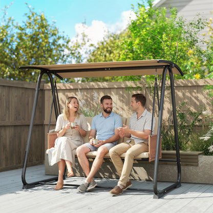 3 Seater Garden Swing Chair | UPF30+ Adjustable Canopy | Texteline Seat | Rattan Armrests | Thick Cushions | Washable Covers | Powder-Coated Frame | 360kg | Sand Brown