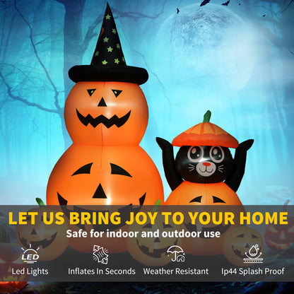 180 cm Tall Halloween Inflatables Pumpkin and Cat with Built-in LED Lights, Self-Inflating Outdoor Halloween Decoration for Garden Party, Orange and Black