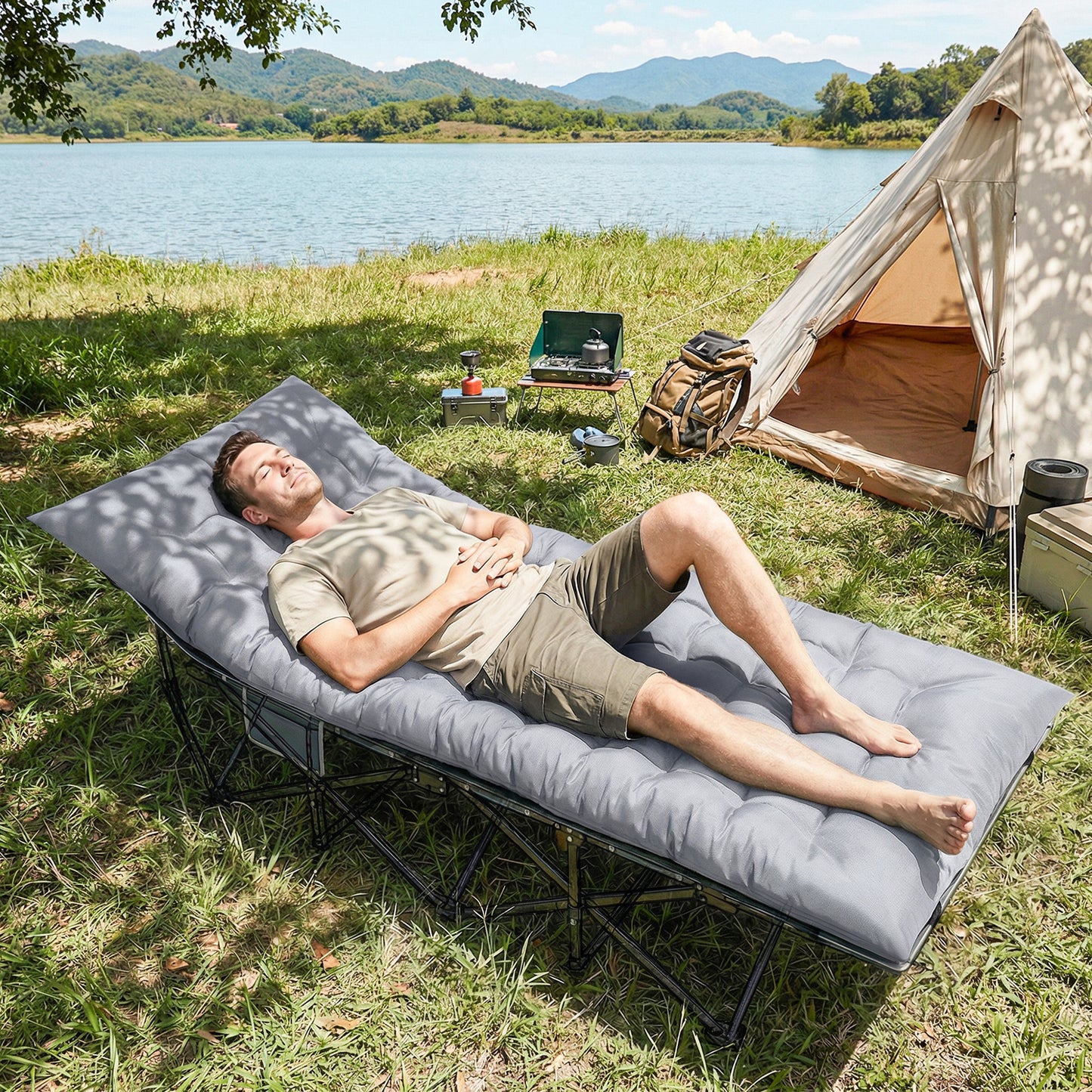 Foldable Camping Sleeping Mat | 8cm PU Foam | 200x80cm | Splash Proof Quilted | Elastic Straps | Flame Retardant | 200kg | Light Grey