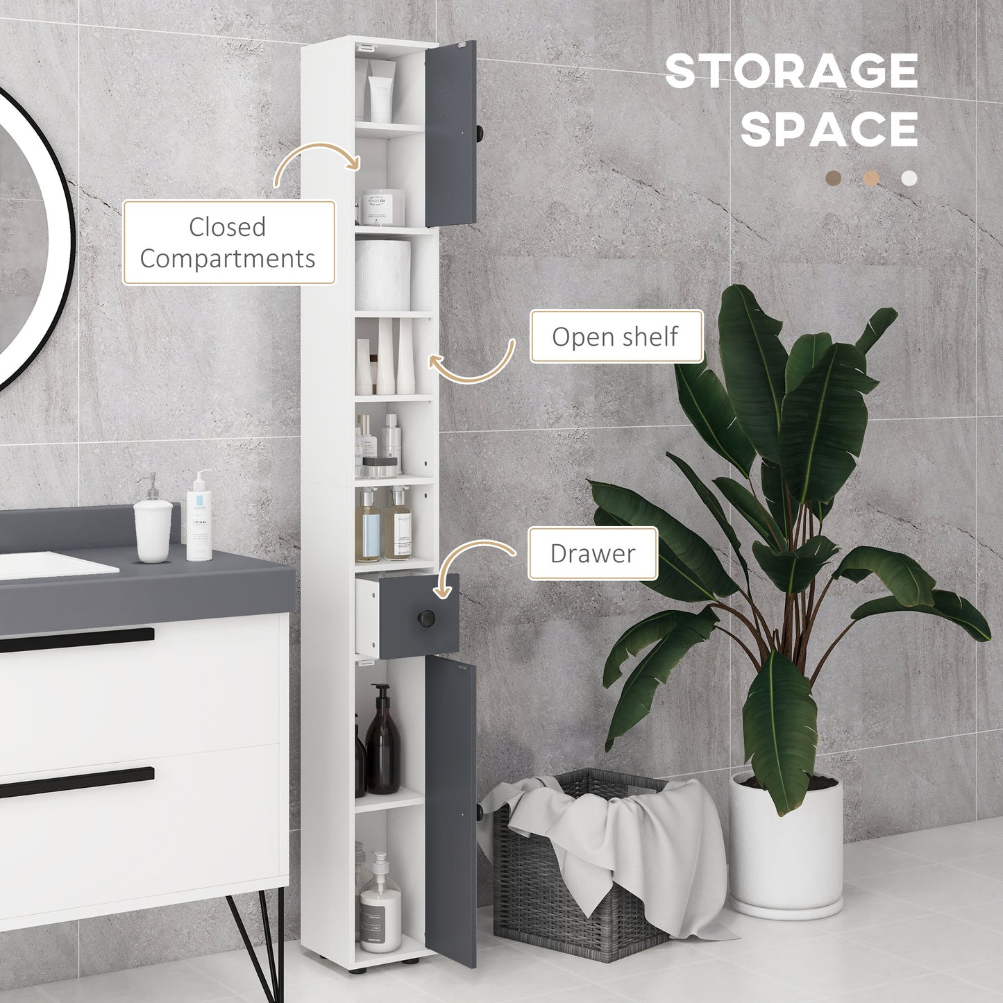 Kleankin 180cm Tall Slim Bathroom Cabinet, Narrow Toilet Roll Storage with Open Shelves, 2 Door Cabinets, Adjustable Shelves, for Kitchen, Hallway, Living Room, Grey