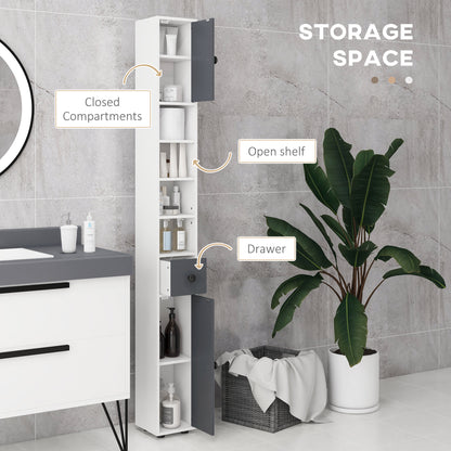 Kleankin 180cm Tall Slim Bathroom Cabinet, Narrow Toilet Roll Storage with Open Shelves, 2 Door Cabinets, Adjustable Shelves, for Kitchen, Hallway, Living Room, Grey