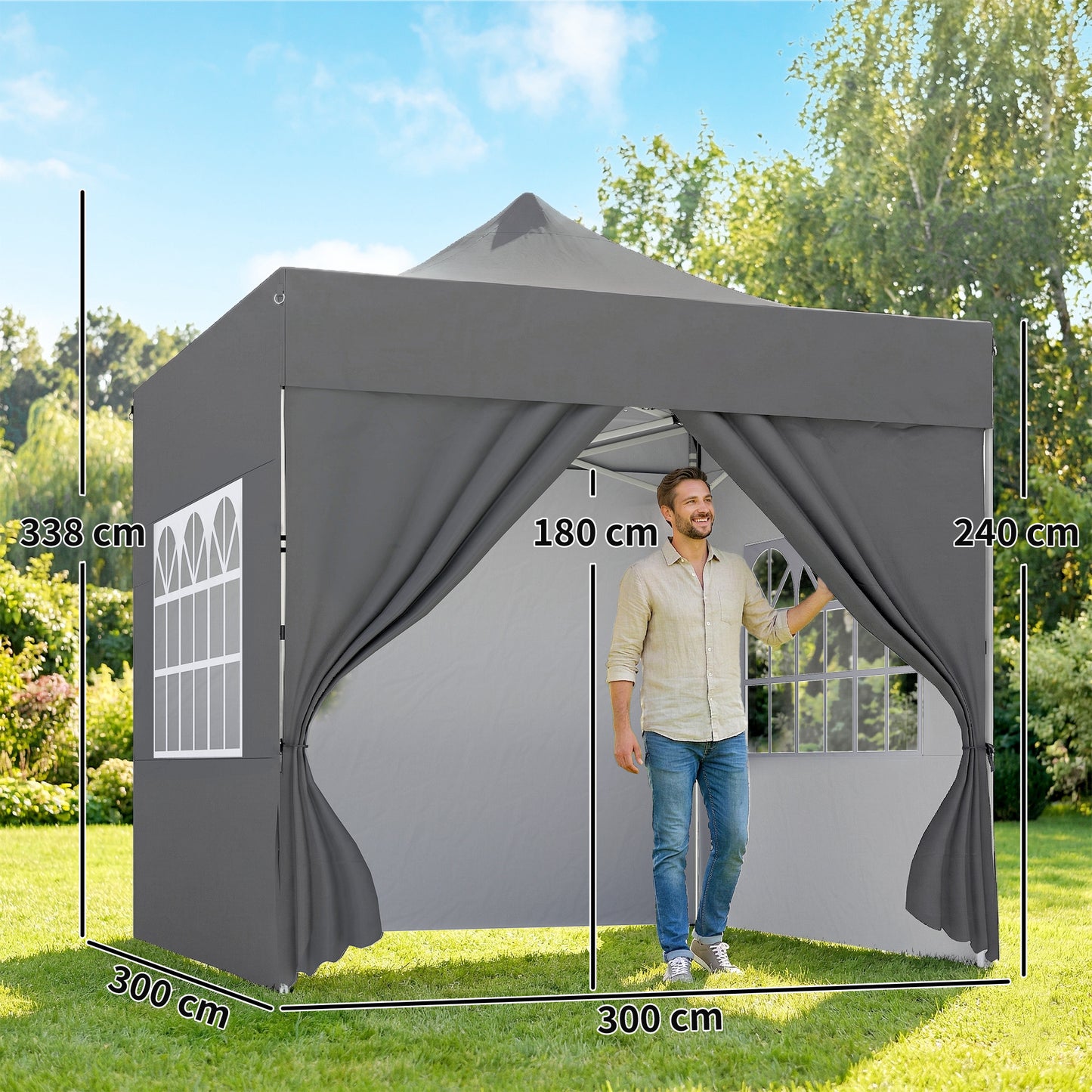 3x3m Heavy-Duty Peak-Top Pop-Up Gazebo | 420D UPF50+ Oxford Fabric | 4 Removable Sidewalls | Zipper Door & Windows | 3-Height Adjustment | 8 Drainage Holes | 4 Sandbags, 4 Guy Ropes & 8 Stakes | Wheeled Carry Bag | Dark Grey