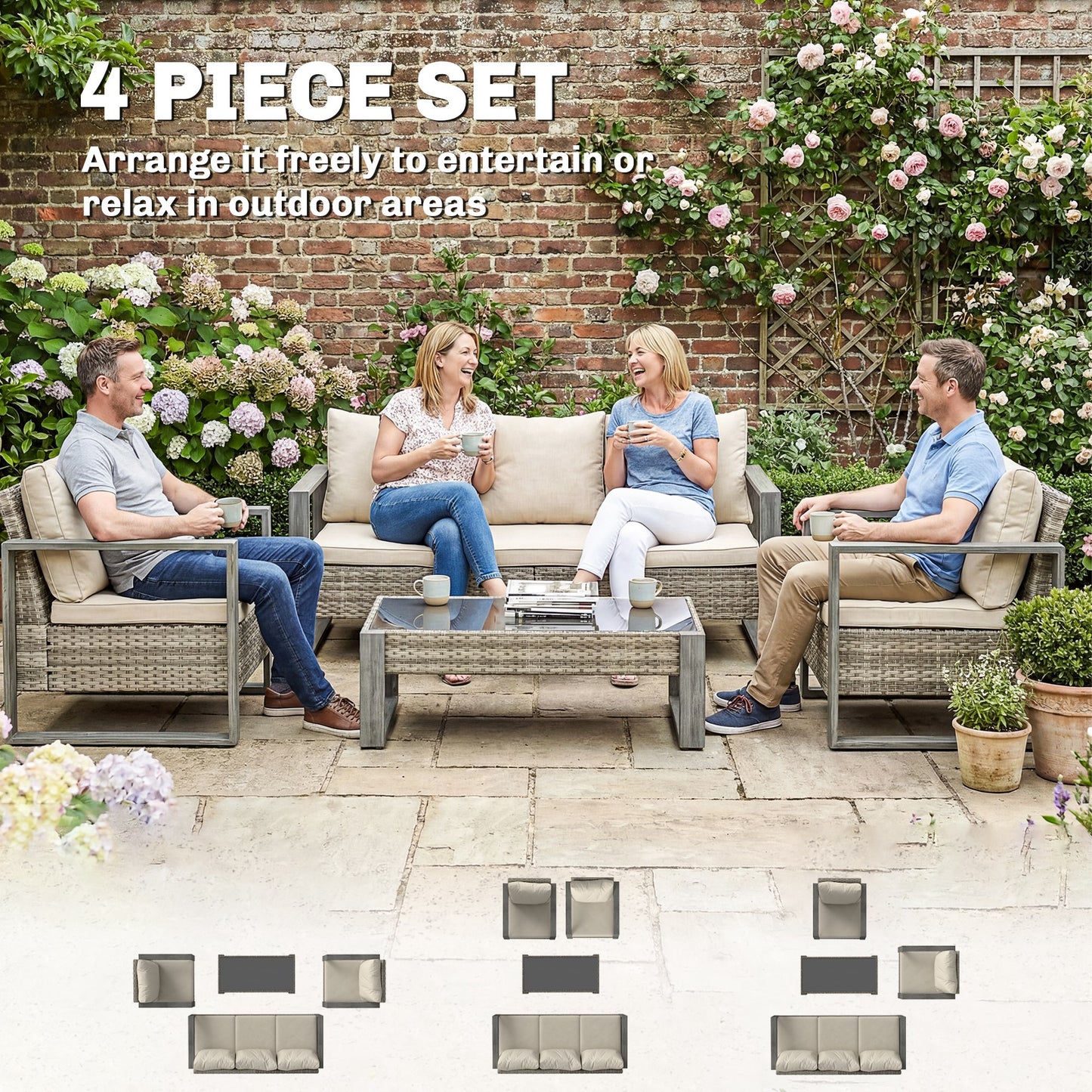 4-Piece PE Rattan Garden Sofa Set | 3-Seater Sofa | 2 Armchairs | Tempered Glass Coffee Table | Wood-Effect Aluminium Frame | 8cm Seat & 20cm Back Cushions | Non-Slip Mats | Washable Covers | Khaki