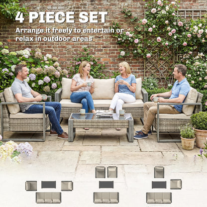 4-Piece PE Rattan Garden Sofa Set | 3-Seater Sofa | 2 Armchairs | Tempered Glass Coffee Table | Wood-Effect Aluminium Frame | 8cm Seat & 20cm Back Cushions | Non-Slip Mats | Washable Covers | Khaki