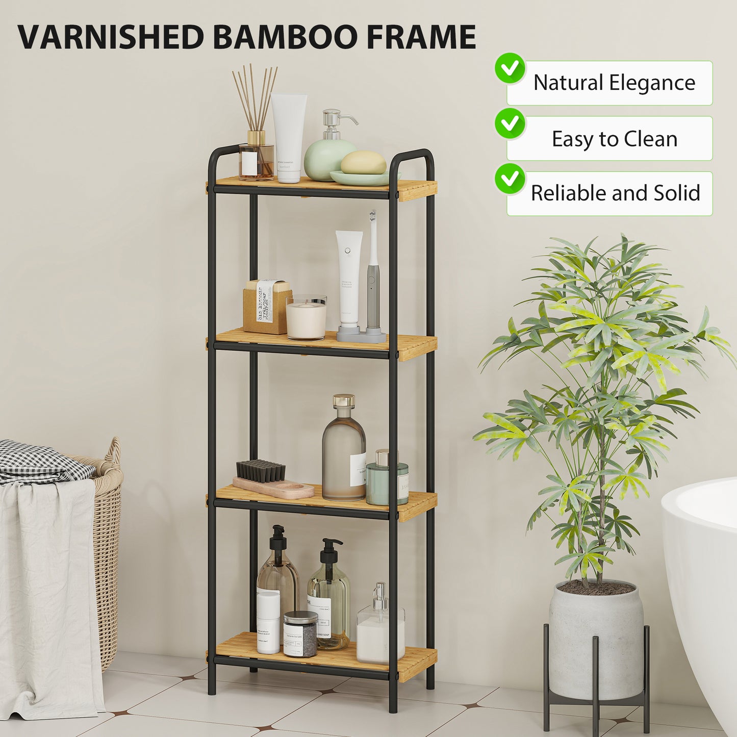 4-Tier Bamboo Bathroom Storage Shelf, Freestanding Narrow Shelving Unit with Slatted Shelves for Kitchen Bathroom Living Room, 41.5 x 21.5 x 106 cm, Natural and Black
