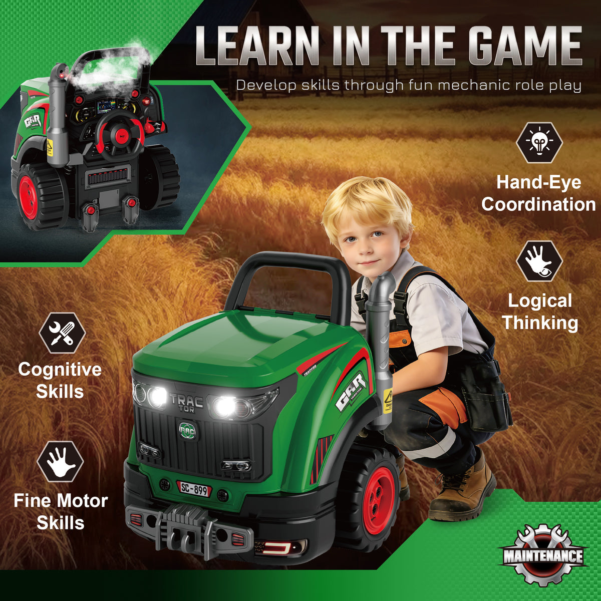 Kids Truck Engine Toy | Green Pretend Play Mechanic Workshop with 55 Accessories