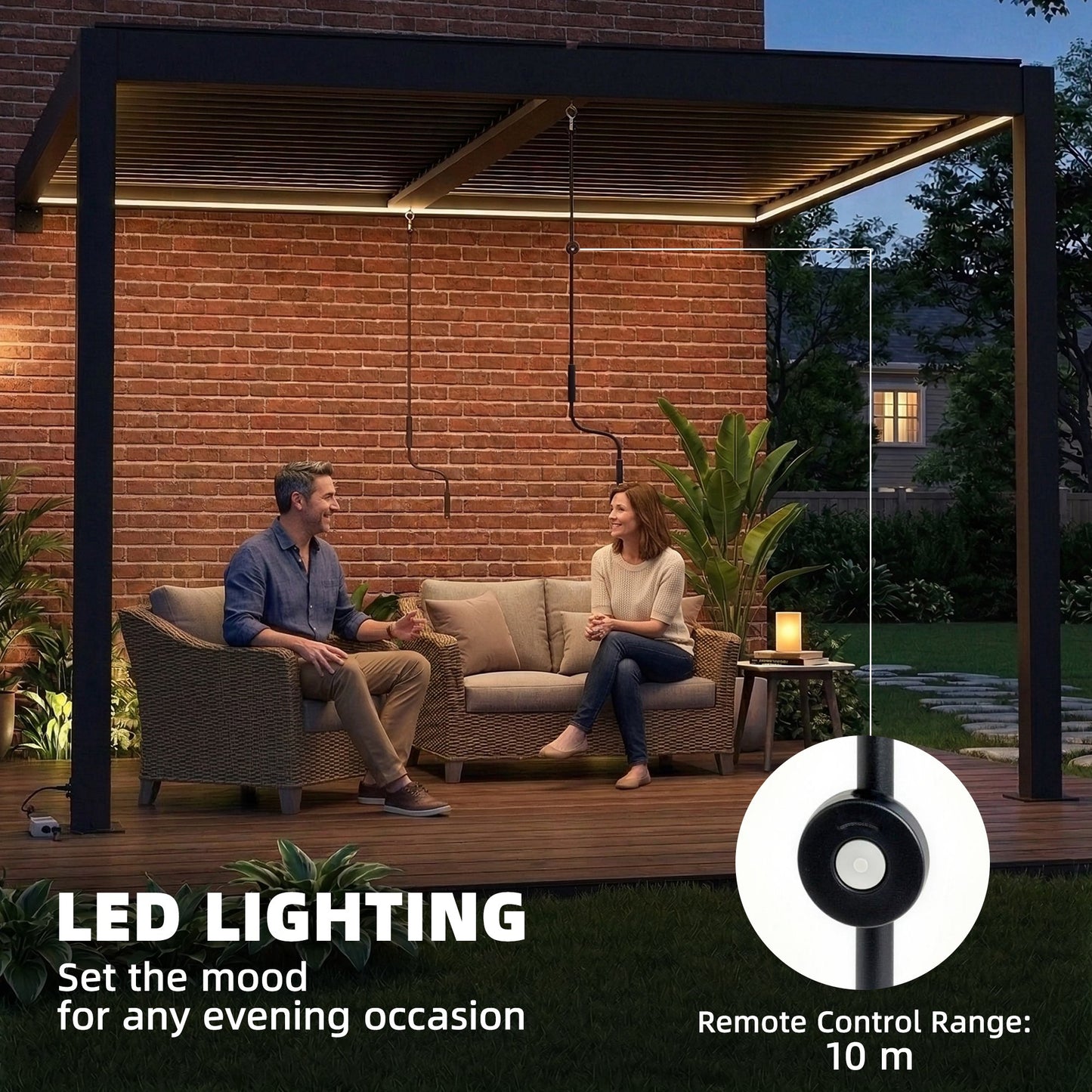 3x3m Wall-Mounted Louvered Pergola | LED Lights | Adjustable Louvres | Drainage | Windproof 7-8 | Dark Grey