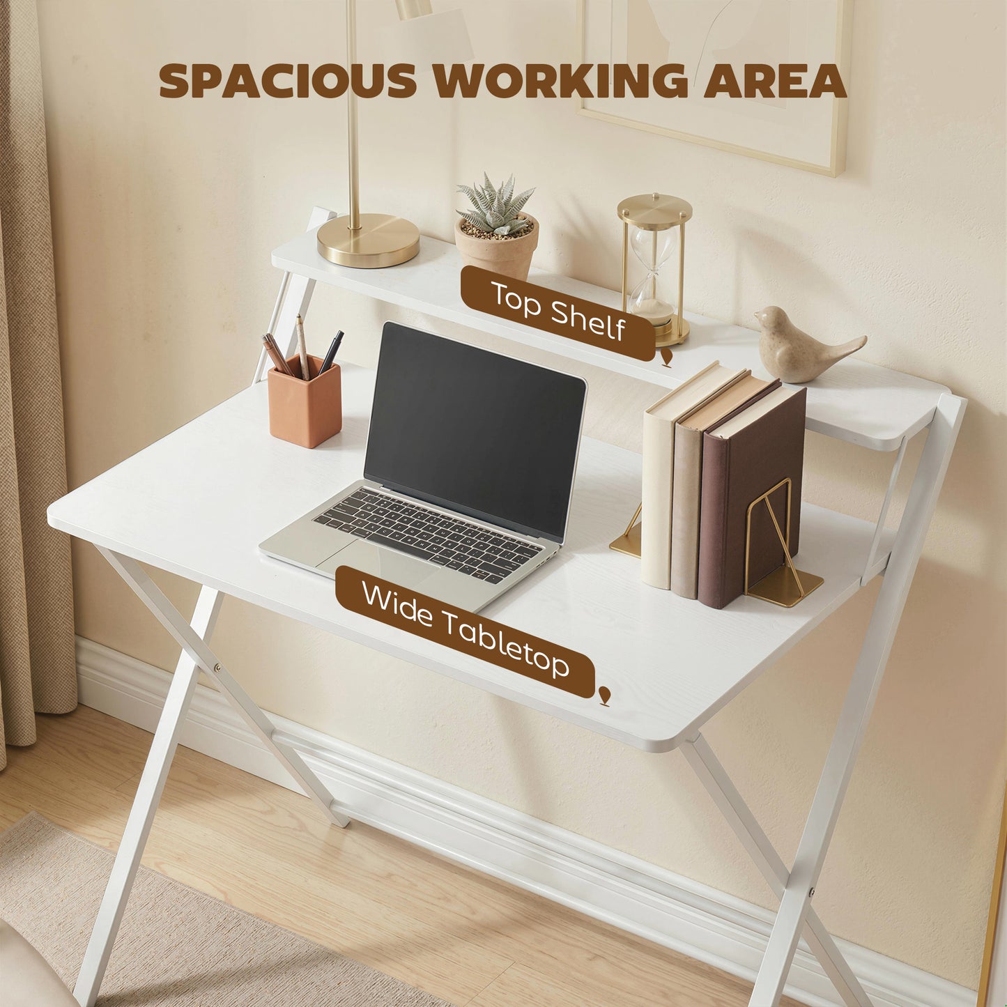 Folding Desk with Upper Shelf | X-Frame | Melamine Coated | 86x66x82cm | 20kg | Curved Corners | Easy Assembly | White