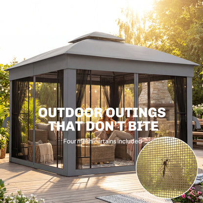 3x3m Permanent Garden Gazebo & Pavilion | Double-Tier UPF50+ Roof | Mesh Panels | Corner Shelves | Grey